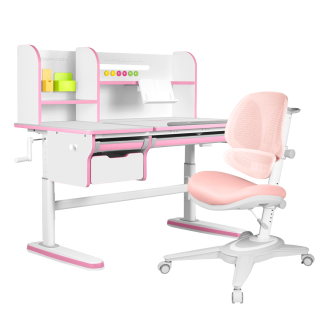 Комплект Kinderzen Dali Plus парта + кресло + надстройка + выдвижной ящик + органайзер + подставка для книг белый/розовый с розовым креслом Funken